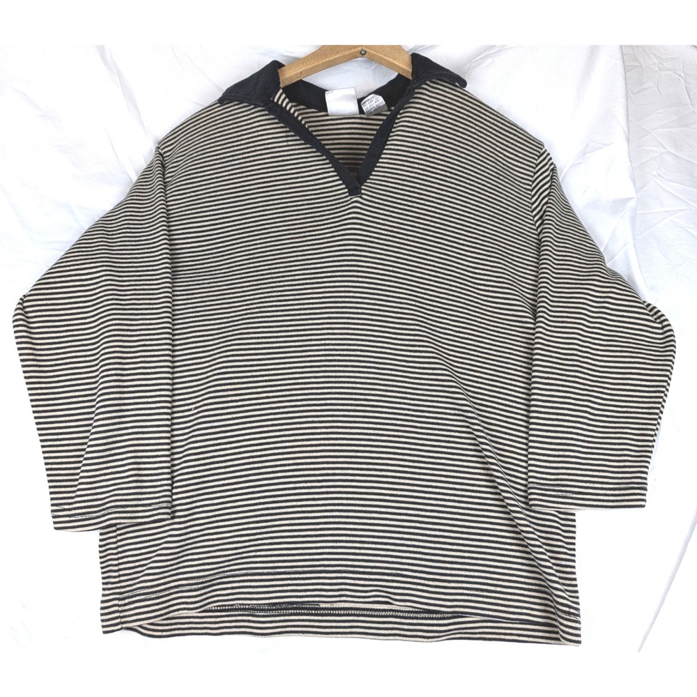 Vintage Mens Small Striped V-Neck Polo Velour Collar Pullover Black Beige